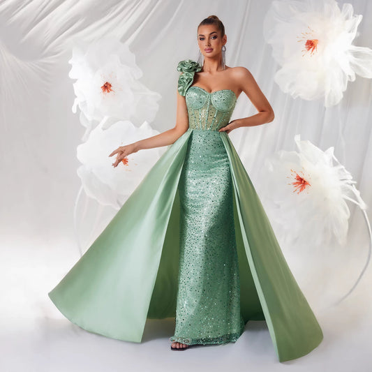 "The Socialite" Elegant Green Tube Top One Shoulder Evening Dress Three Dimensional Floral Pattern