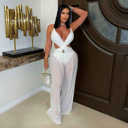 Sexy V neck Lace up Backless See through Sexy Jumpsuit Women