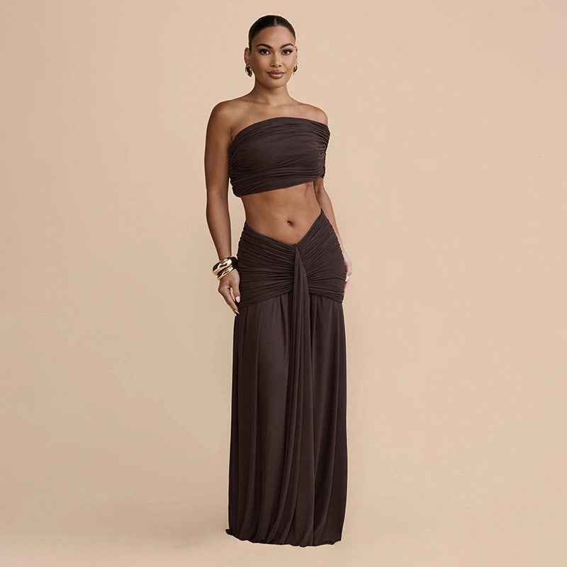 Spring Sexy Solid Color Tube Top Vest Slim Ribbon Pleated Skirt Sets