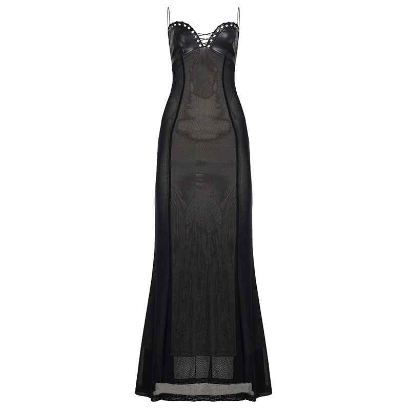 Mesh Leather Slim Fit Patchwork Wrapped Dress