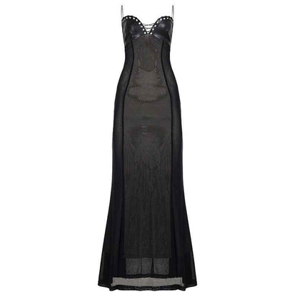 Mesh Leather Slim Fit Patchwork Wrapped Dress