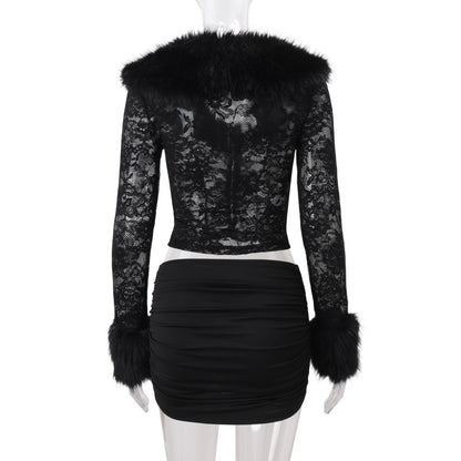 Lace Plush Long Sleeved Skirt Set