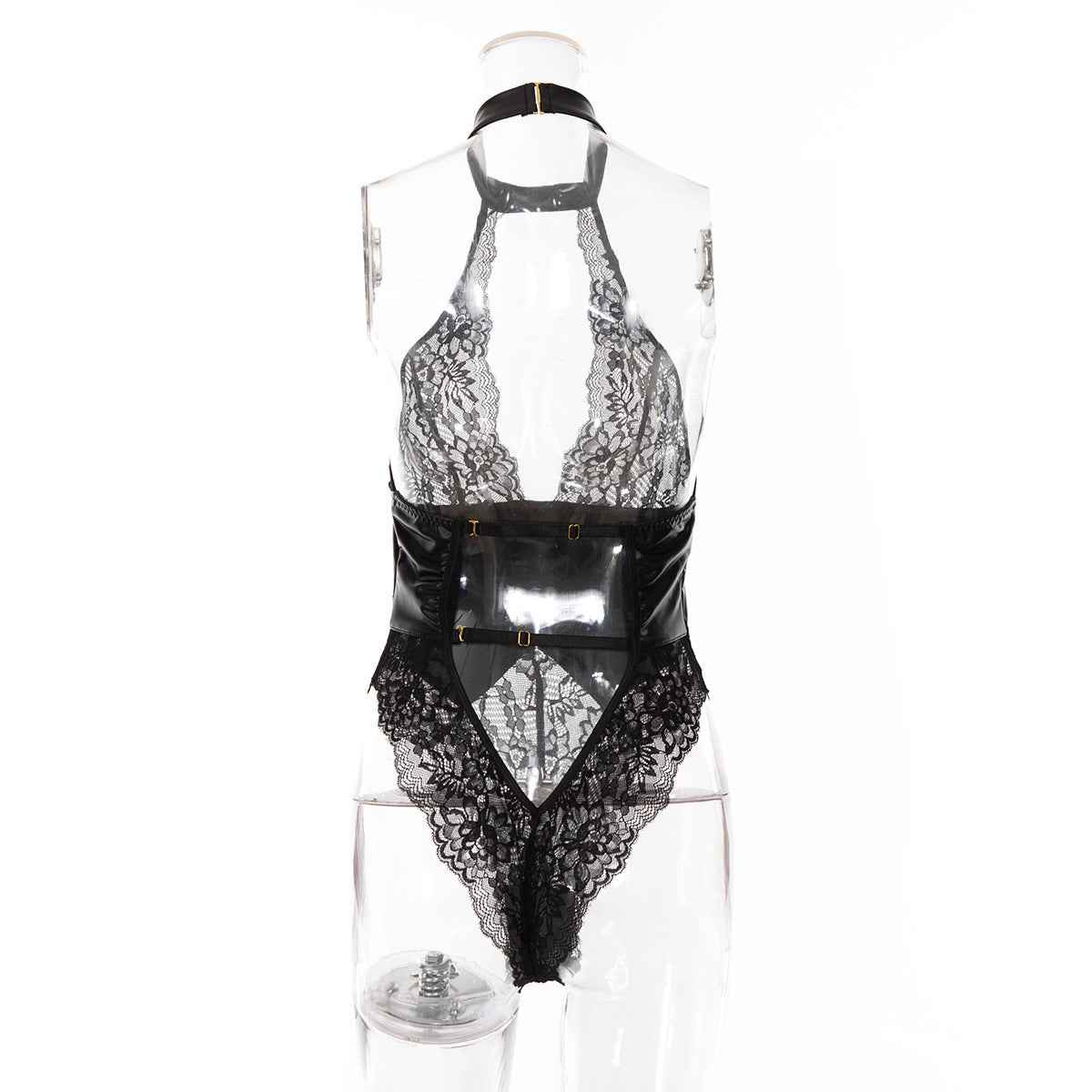 Sexy Patent Leather Lace Stitching One Piece Nightclub Temptation Sexy Lingerie Set