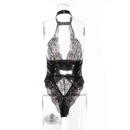 Sexy Patent Leather Lace Stitching One Piece Nightclub Temptation Sexy Lingerie Set