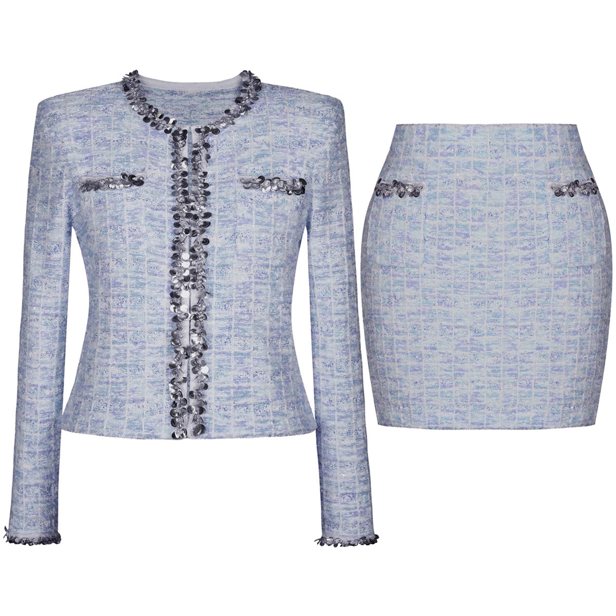 Women's Knitted Sequined Wool Cardigan Sweater + Hip Skirt