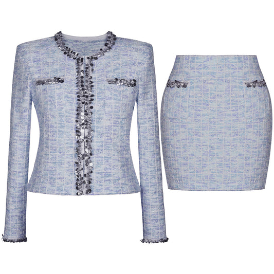 Women's Knitted Sequined Wool Cardigan Sweater + Hip Skirt