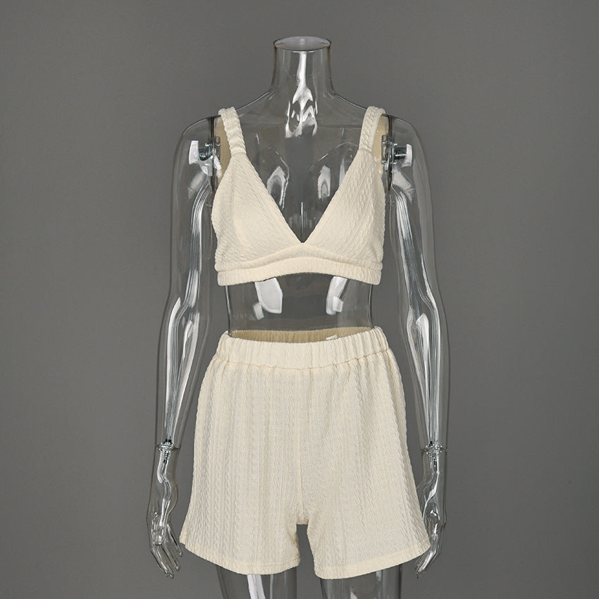 Spaghetti Strap Knitted Pajamas Set Two Piece Casual Sleepwear