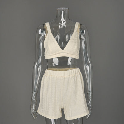 Spaghetti Strap Knitted Pajamas Set Two Piece Casual Sleepwear