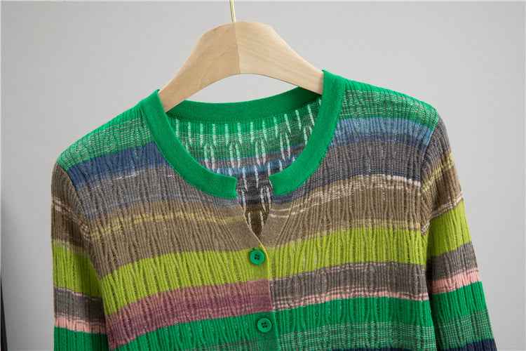 Striped Long Sleeved Loose Knitted Cardigan Sweater