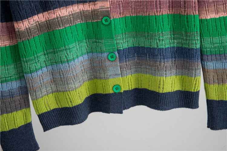 Striped Long Sleeved Loose Knitted Cardigan Sweater