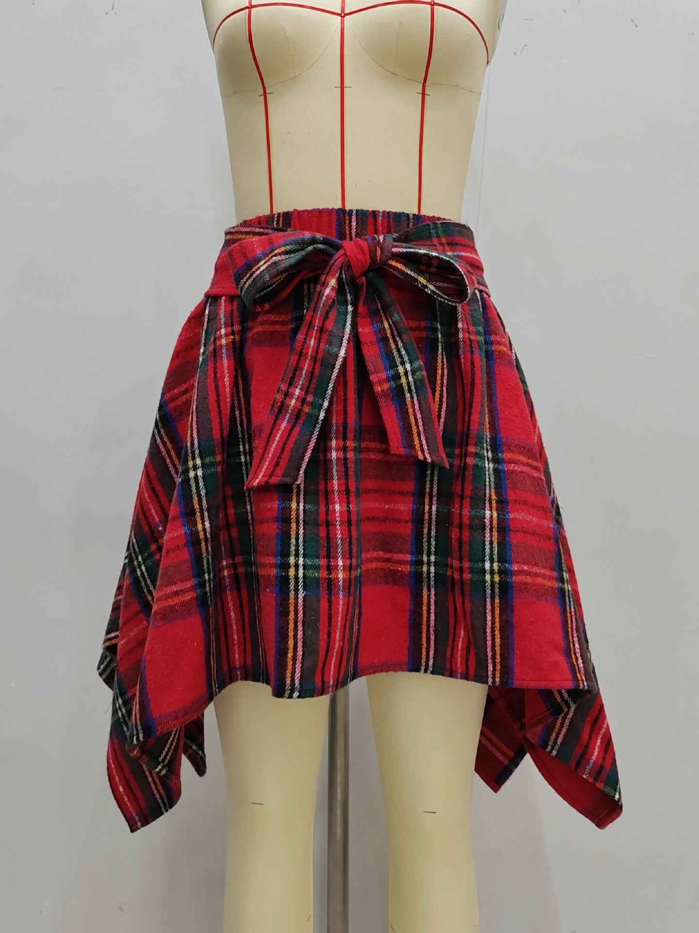 Asymmetric Hem Skirt Plaid Bow Bandage Mini Skirt