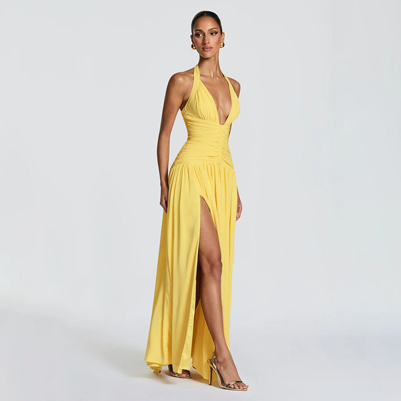 Summer Slit Dress for Women Solid Color Boho Casual