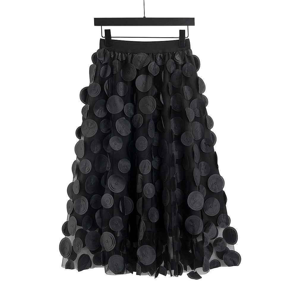 Three Dimensional Patch Stitching Mesh Women Midi Skirt