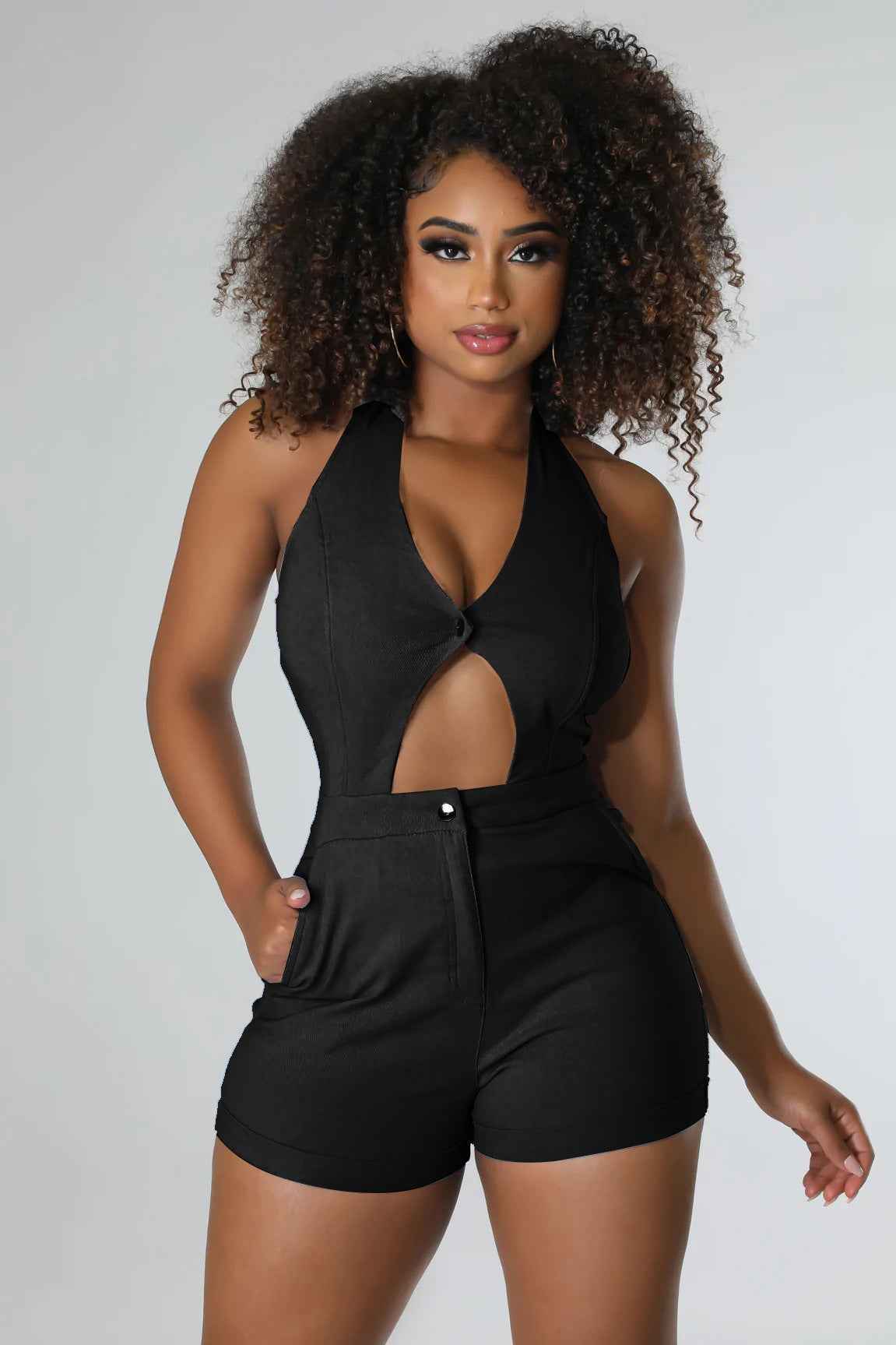 Solid Color High Waist Sexy Hollow Out Cutout Sleeveless Lace-up Romper