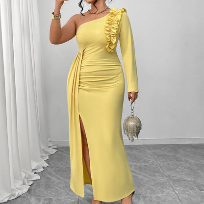 One Shoulder Yellow Ruffled Dress High Slit MUNSIEUR