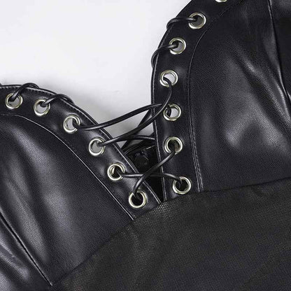 Mesh Leather Slim Fit Patchwork Wrapped Dress