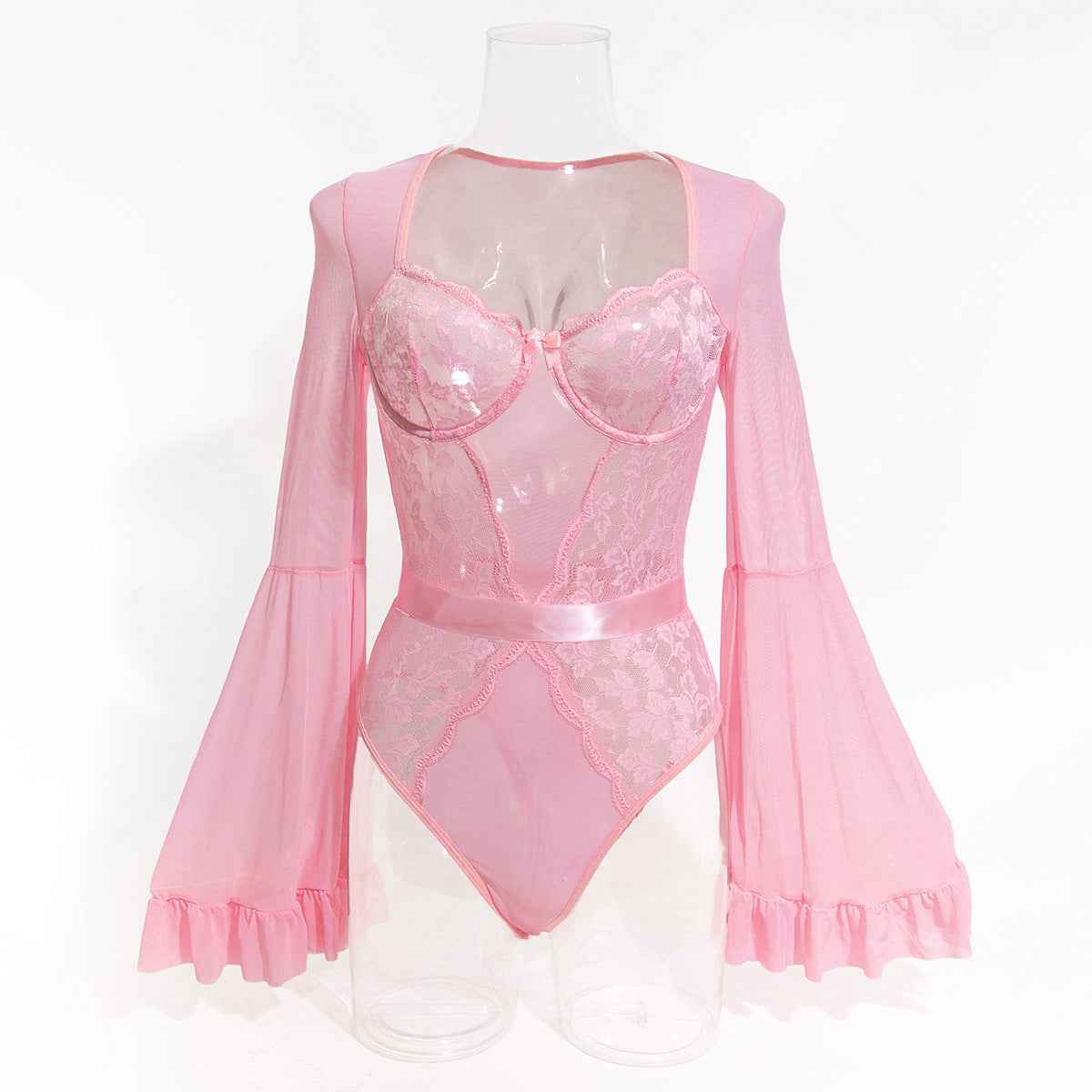 Lace Stitching Elastic Mesh Flared Bodysuit