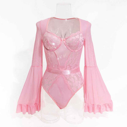 Lace Stitching Elastic Mesh Flared Bodysuit
