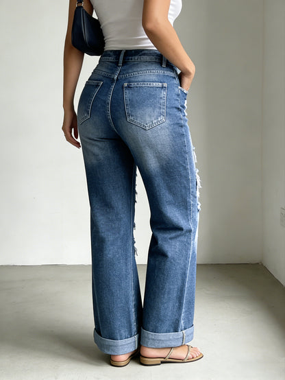 High Waist Jeans Leopard Patch Ripped Retro