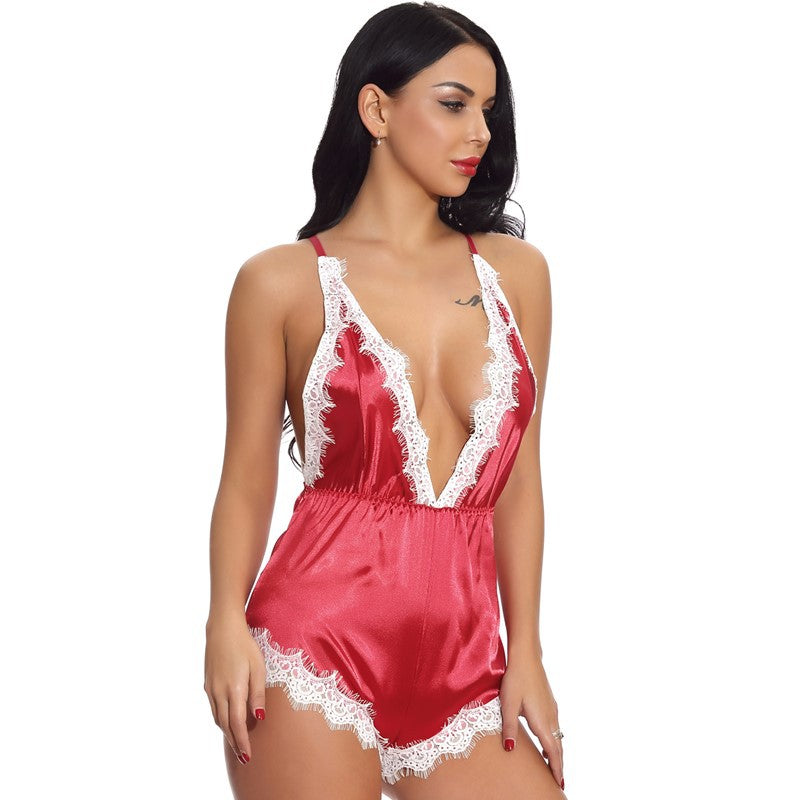One Piece Pajamas Back Cutout out Sleepwear (Red)