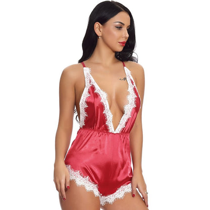 One Piece Pajamas Back Cutout out Sleepwear (Red)