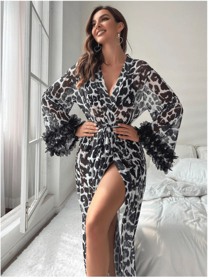 Thin Transparent Leopard Print Bell Sleeve Bathrobe Sleepwear Loungewear