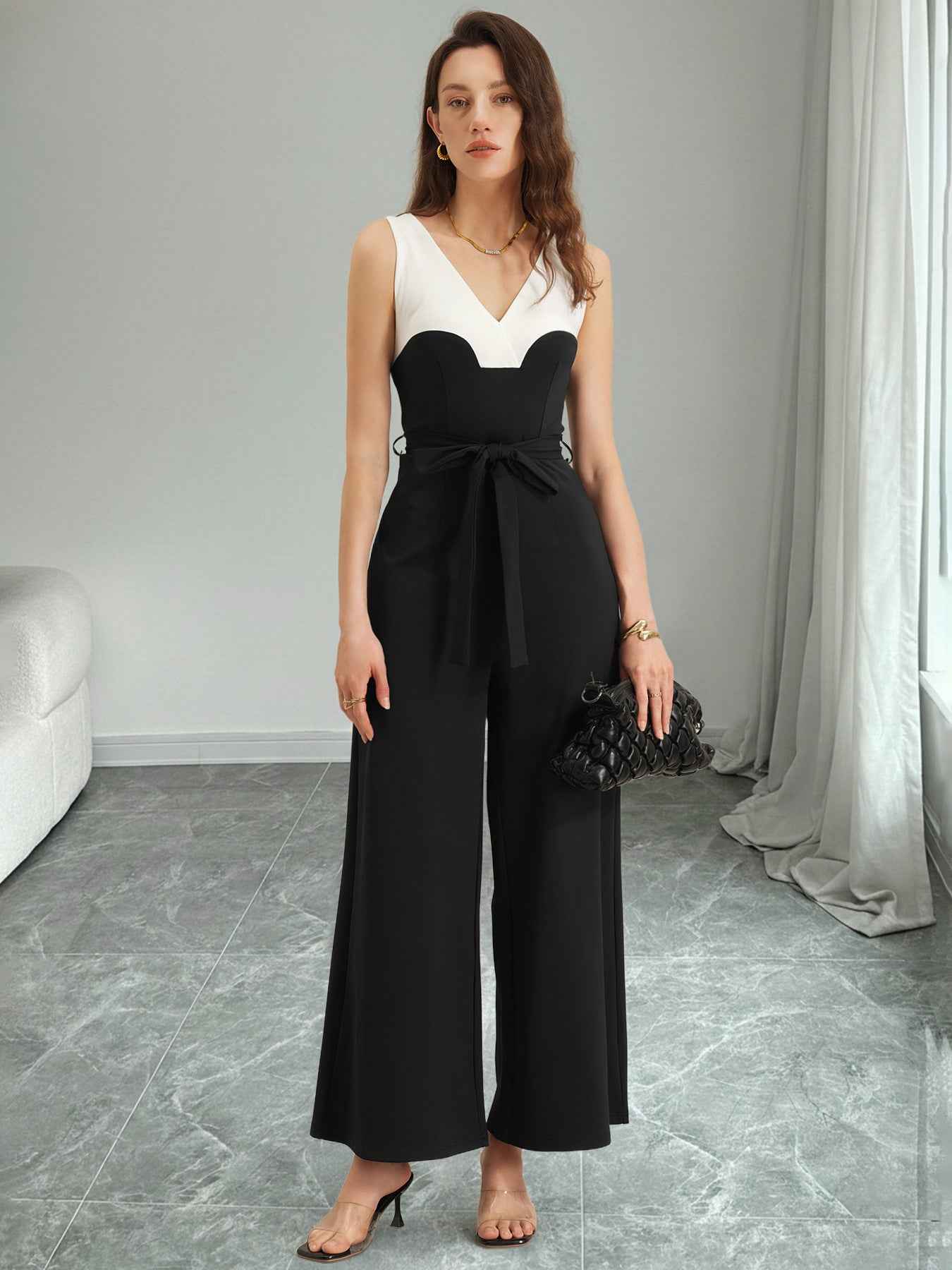 Elegant Black White Color Contrast Patchwork Sling Jumpsuit
