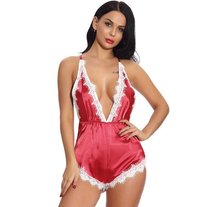 One Piece Pajamas Back Cutout out Sleepwear (Red)