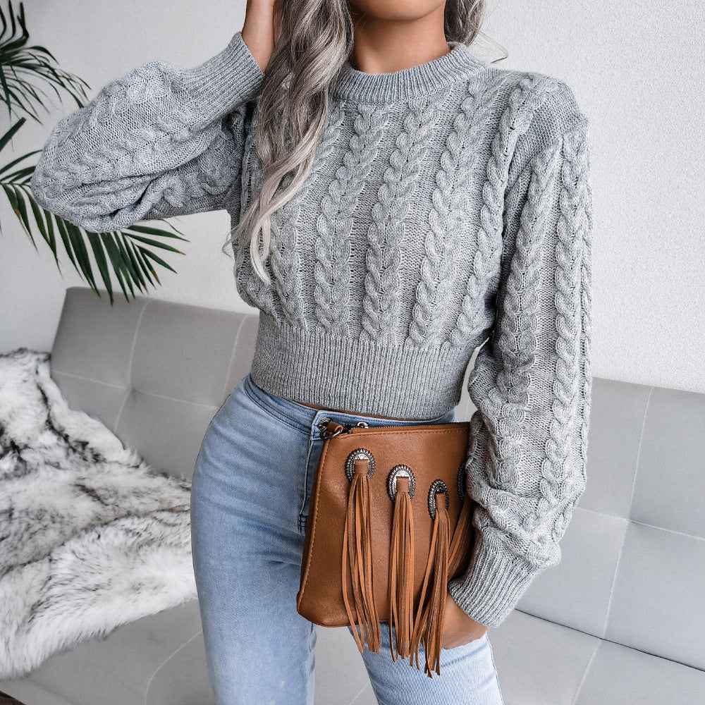 Waist Trimming Knitted Cropped Sweater