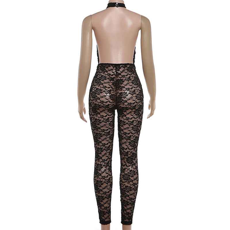 Sexy Lace Stitching Halter Backless Slim Fit Jumpsuit