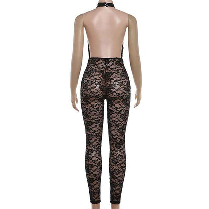 Sexy Lace Stitching Halter Backless Slim Fit Jumpsuit