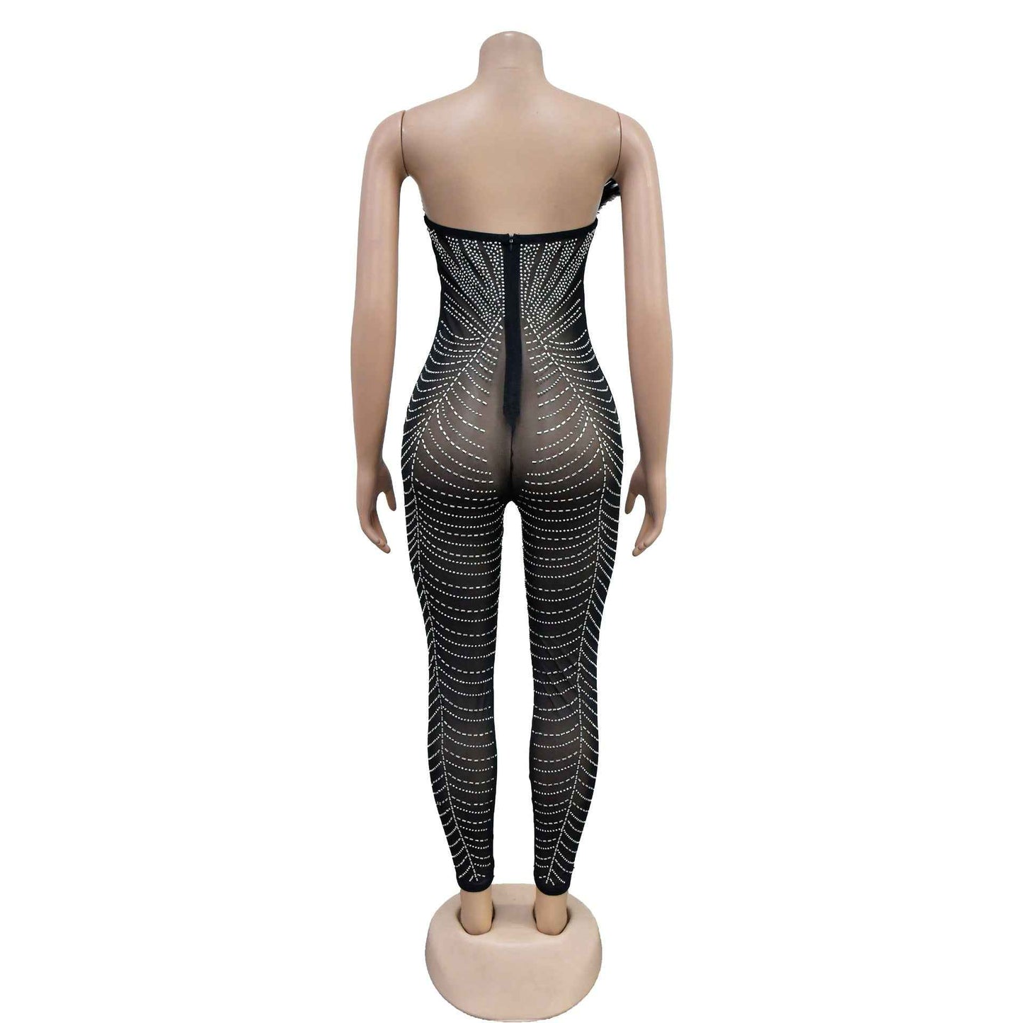 Solid Color Sexy Mesh Rhinestone Jumpsuit