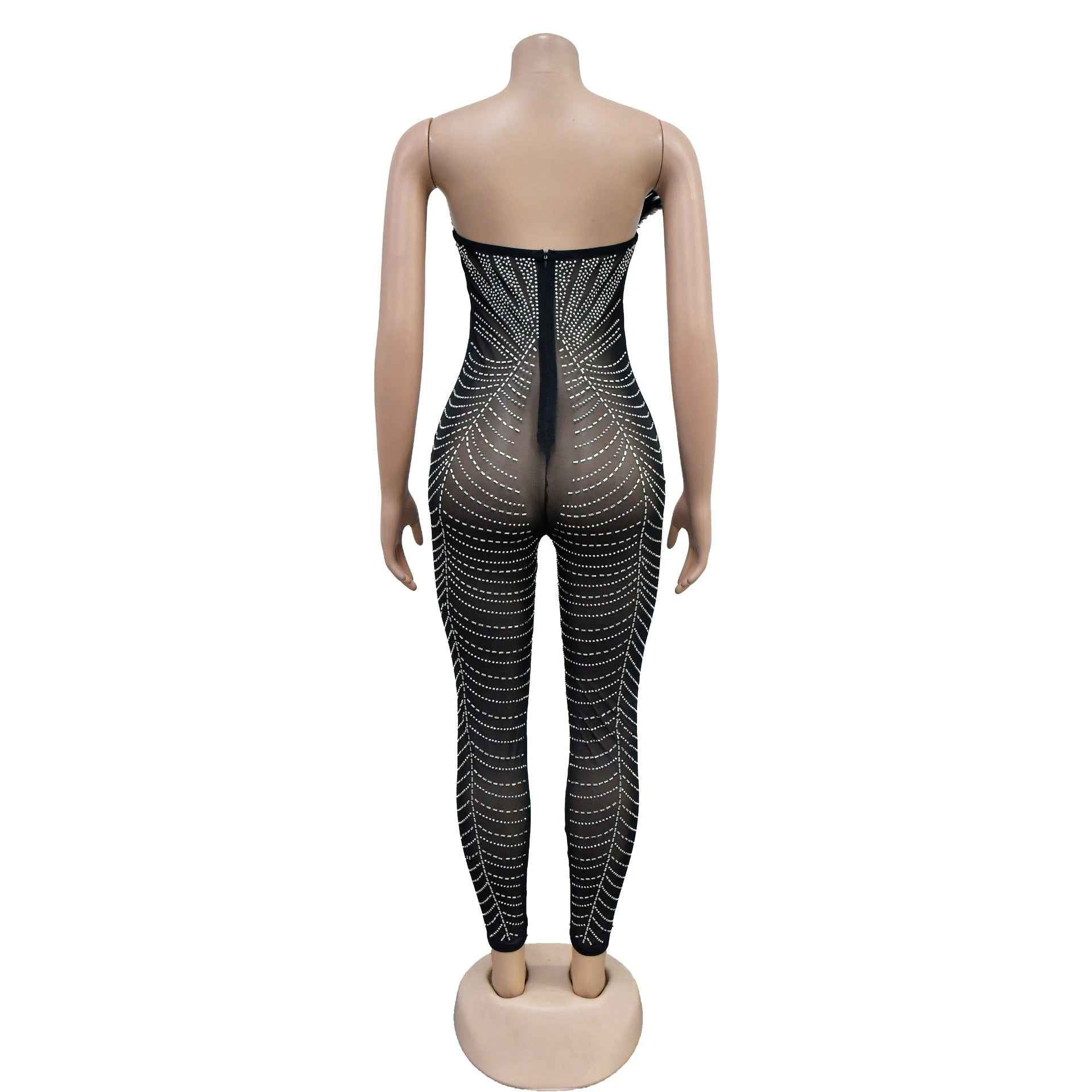 Solid Color Sexy Mesh Rhinestone Jumpsuit