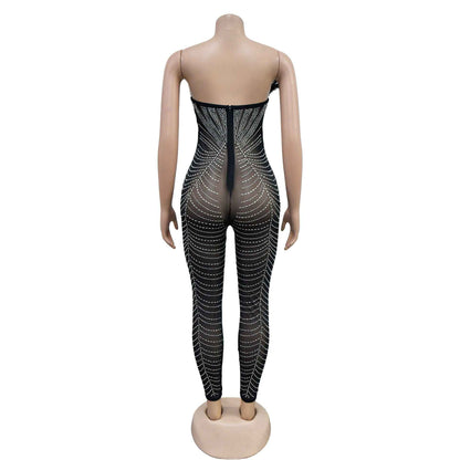 Solid Color Sexy Mesh Rhinestone Jumpsuit