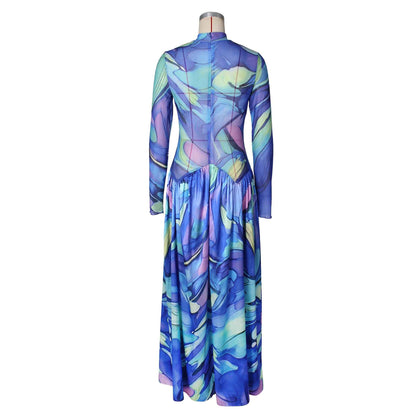 Summer Mesh Floral Print Dress Abstract Flowy Boho Style