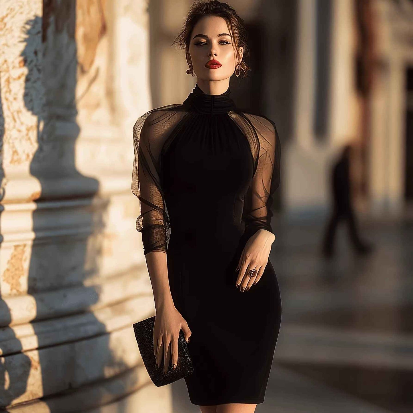 Elegant Slim Long Sleeve Sheer Mesh Cocktail Evening Dress