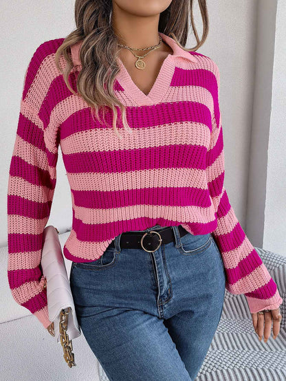 Casual Collar Contrast Color Long Sleeve Knitted Pullover Sweater