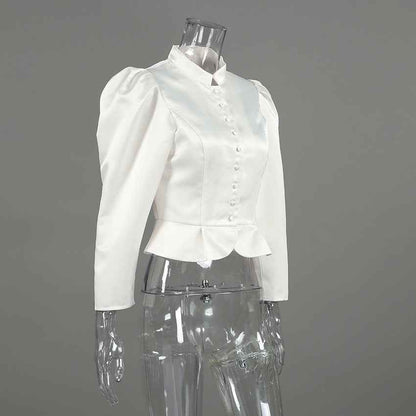 Spring Arrival French Stand Collar Puff Sleeve Blouse