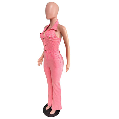 Denim Sexy Backless Collared Jumpsuit