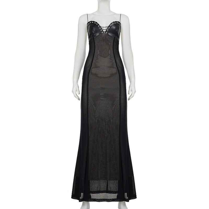 Mesh Leather Slim Fit Patchwork Wrapped Dress