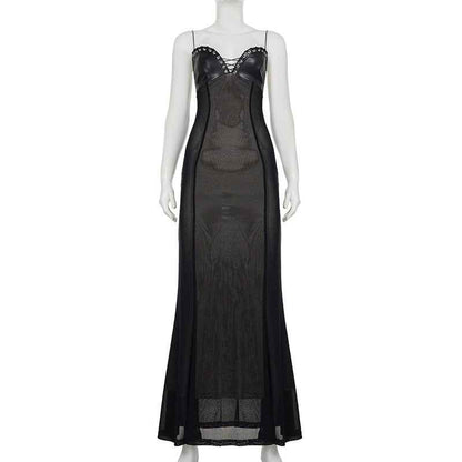 Mesh Leather Slim Fit Patchwork Wrapped Dress