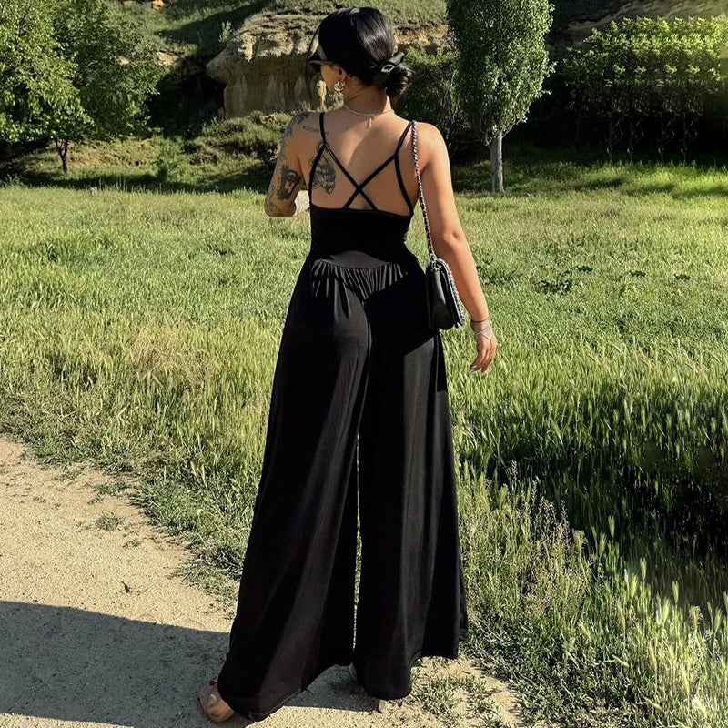 Women Summer Sexy Backless Spaghetti Straps Loose Jumpsuit