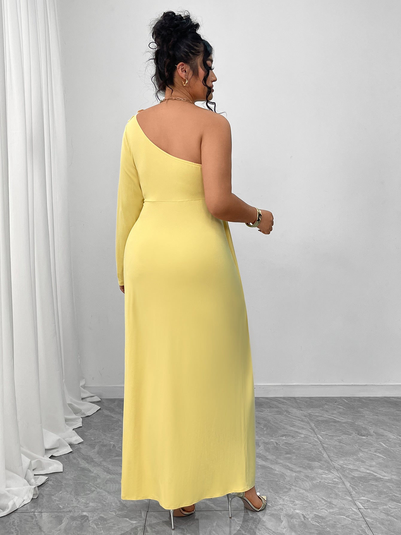 One Shoulder Yellow Ruffled Dress High Slit MUNSIEUR