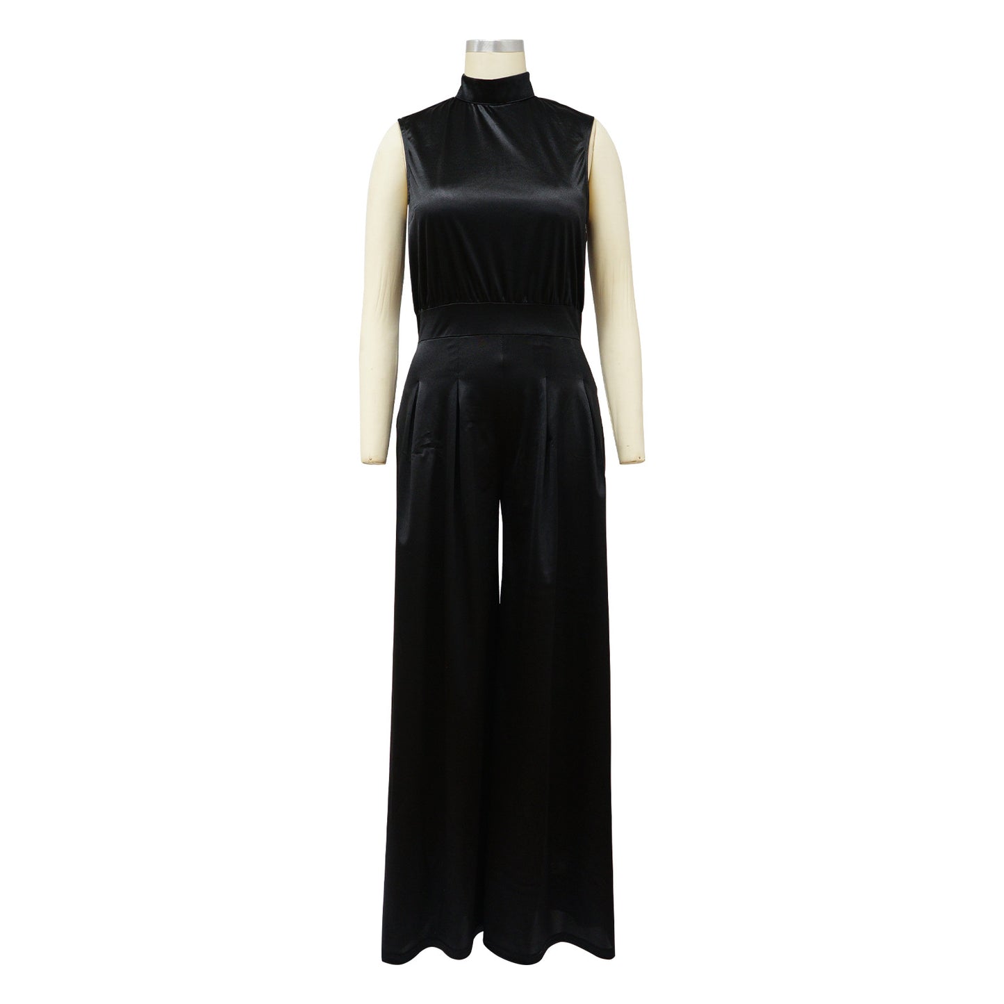 Solid Color Turtleneck Sleeveless Fitted Waist Jumpsuit No Belt