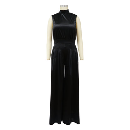 Solid Color Turtleneck Sleeveless Fitted Waist Jumpsuit No Belt
