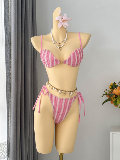 Striped Halter Lace up Bikini Swimsuit MUNSIEUR
