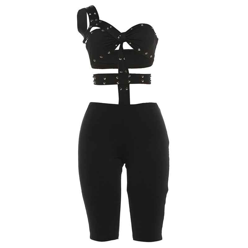 Unique Rivet Sexy Cutout Tight Five Point Jumpsuit