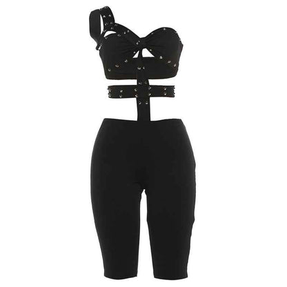 Unique Rivet Sexy Cutout Tight Five Point Jumpsuit