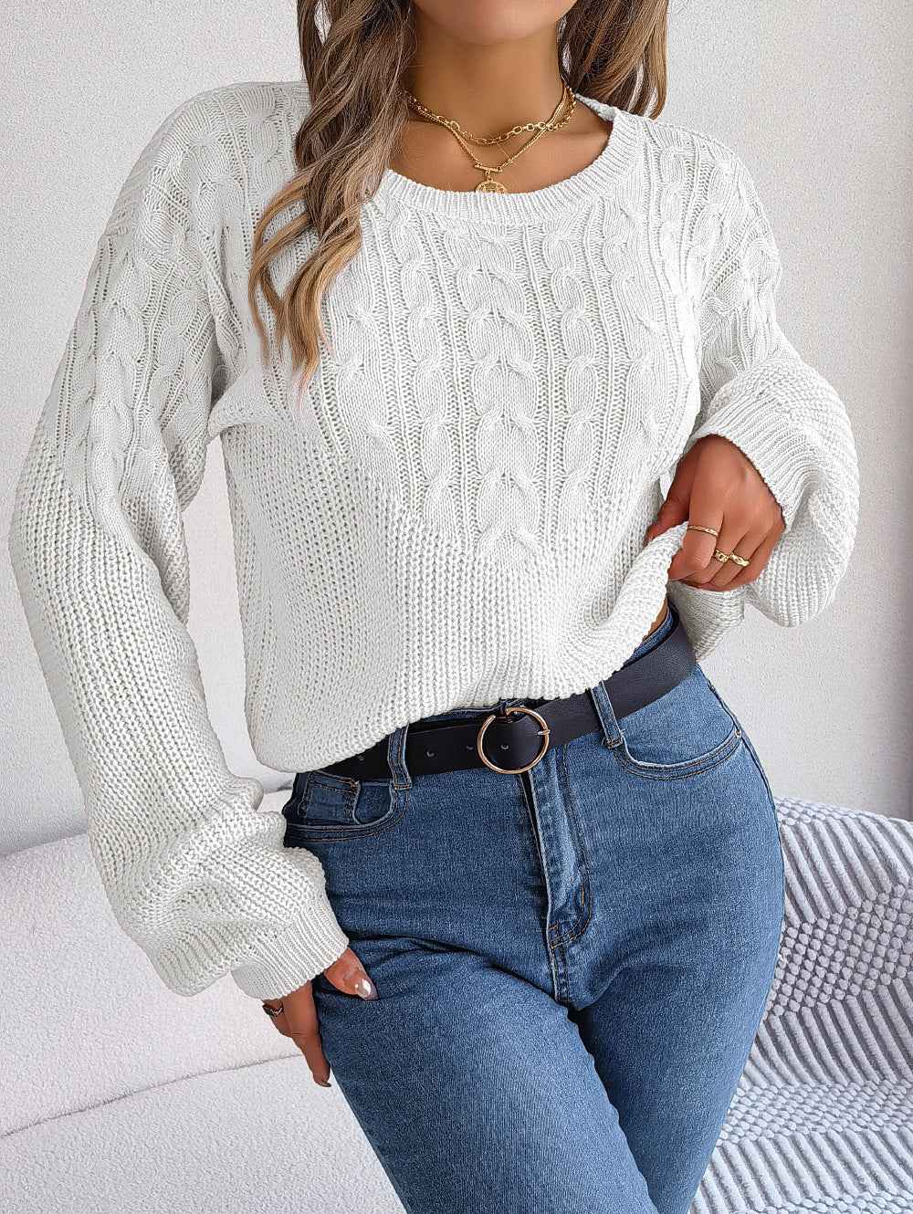 Casual Twist Patchwork Puff Sleeve Pullover Sweater