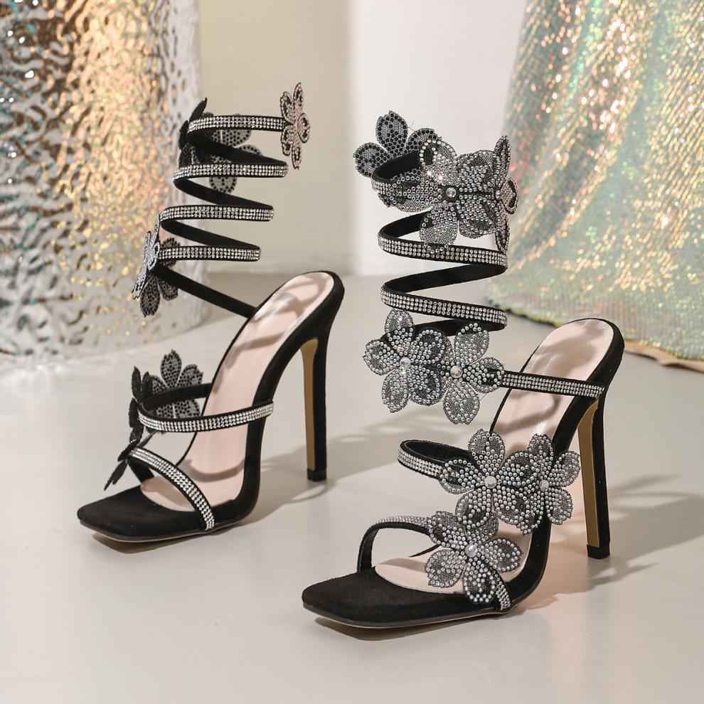 Heels Rhinestone Shiny Diamond Floral Stiletto